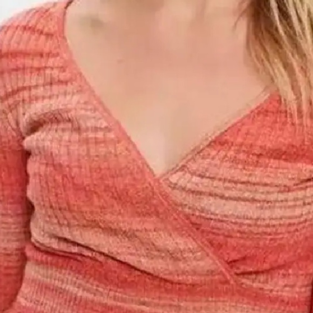 Small   American Eagle Women's Red Space Dyed Faux Wrap
Cropped Sweater - Picture 2 of 11